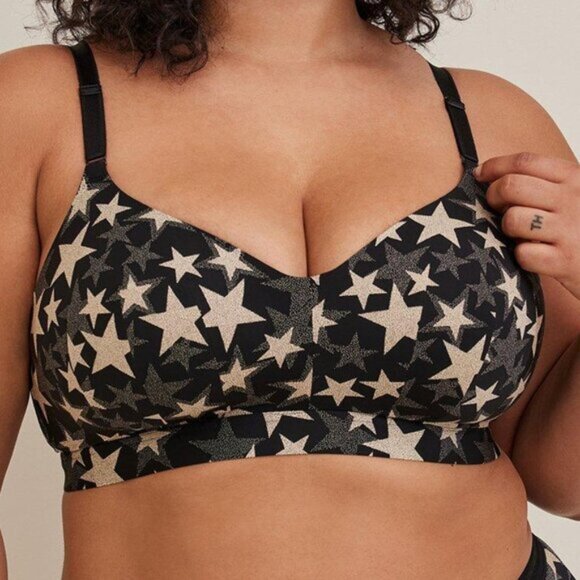 Torrid Curve Dream Wire-Free Bra Black Gold Star Print Size 44DDD 44F Longline - Picture 4 of 7